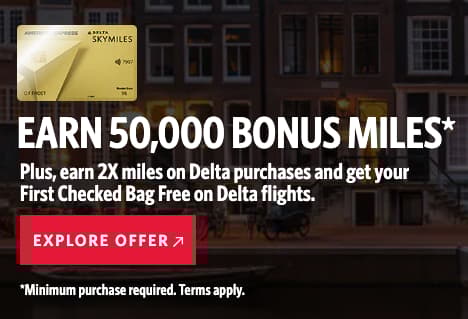 Earn 50,000 bonus miles plus, earn 2x miles on delta purchases and get your first checked bag free on Delta flights SkyMiles Gold credit card offer. 